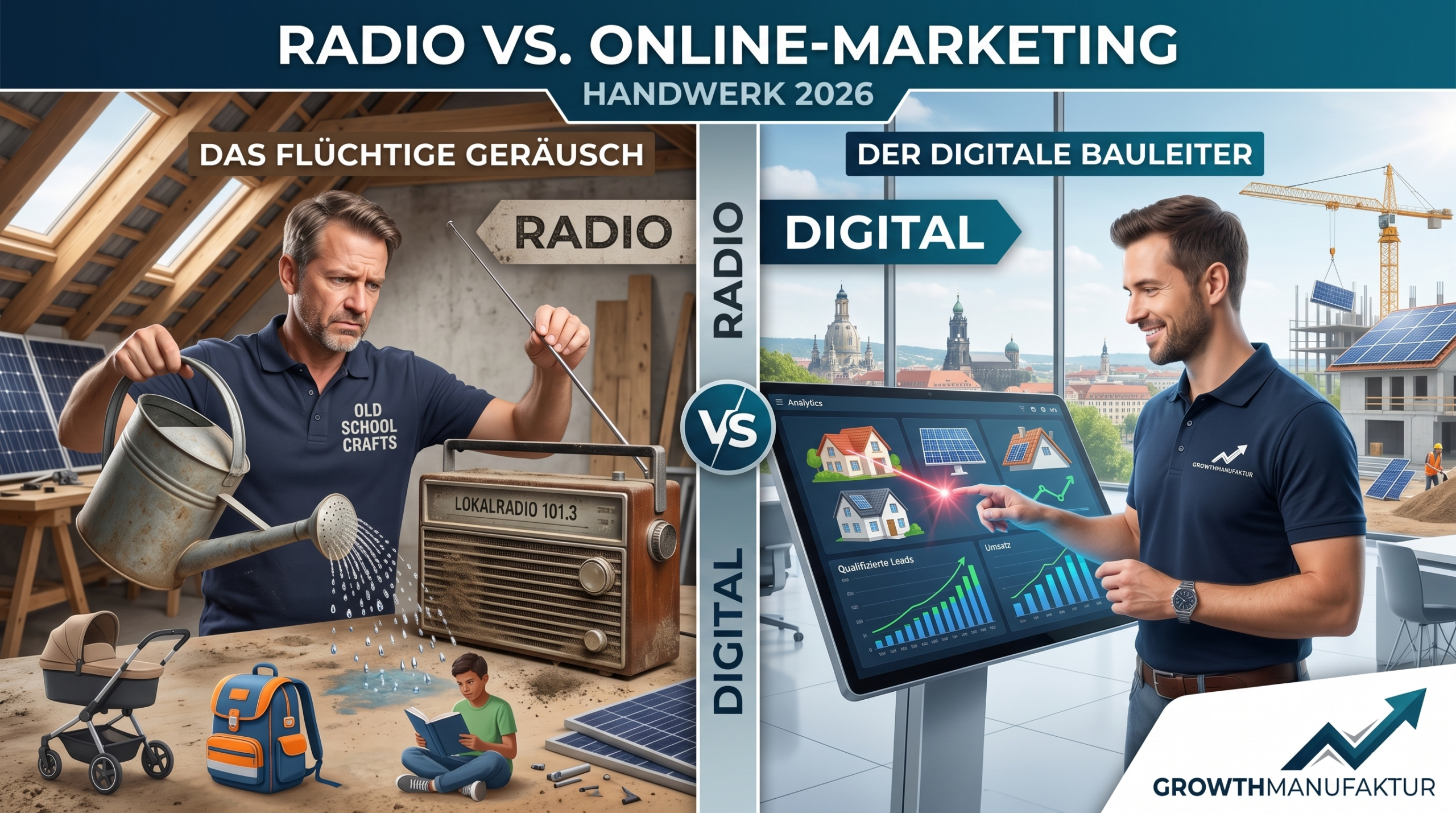 Vergleich der Streuverluste bei Radiowerbung für Handwerksbetriebe, Messbarkeit von Online-Marketing für Fachfirmen im Vergleich zu klassischer Werbung, Growthmanufaktur - Strategische Neukundengewinnung für das Handwerk, Neukundengewinnung Handwerk.