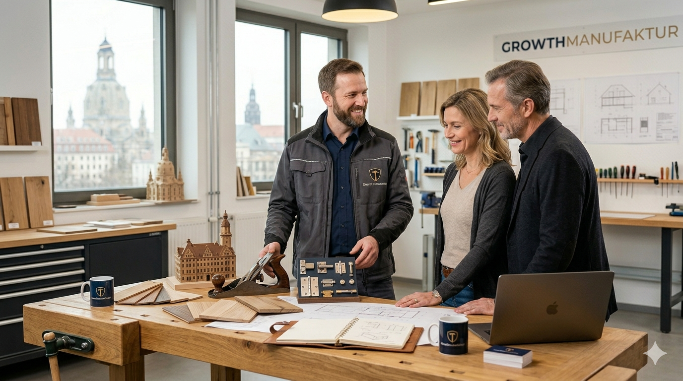 Handwerksmeister im Beratungsgespräch mit Kunden in Dresden - Growthmanufaktur, Neukundengewinnung Handwerk, Neukundengewinnung Handwerk, Neukundengewinnung im Handwerk