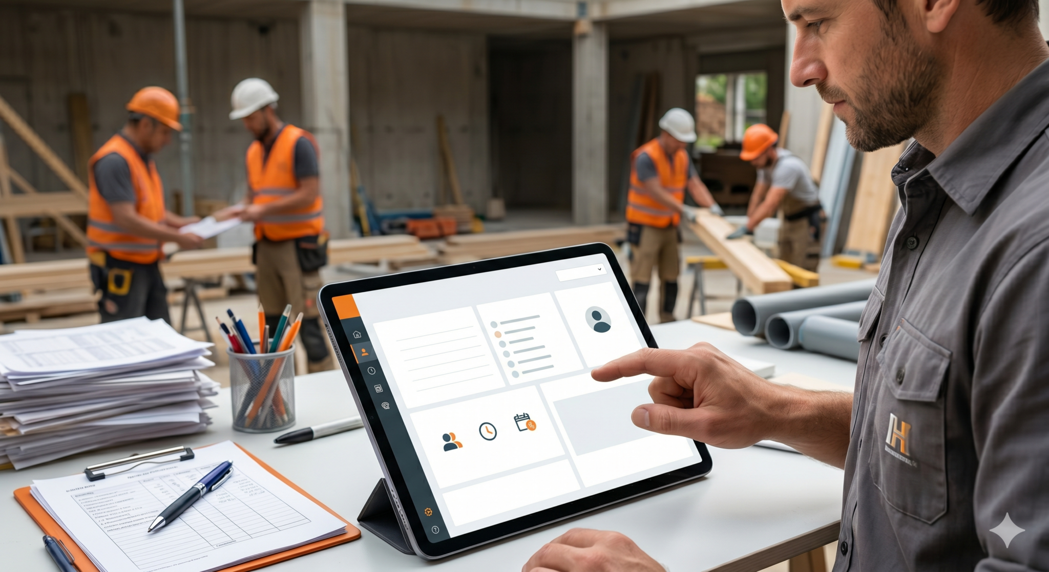 Ein Handwerksmeister auf einer Baustelle nutzt ein Tablet mit einer modernen Management-Software. Im Hintergrund arbeiten Monteure, während im Vordergrund ein Stapel Papierakten den Kontrast zwischen analoger Zettelwirtschaft und digitaler Auftragsverwaltung verdeutlicht, Handwerksmeister bedient digitales Auftragssystem auf einem Tablet zur Projektplanung. Effiziente Baustellendokumentation und Prozessoptimierung für Handwerksbetriebe, digitales Auftragssystem