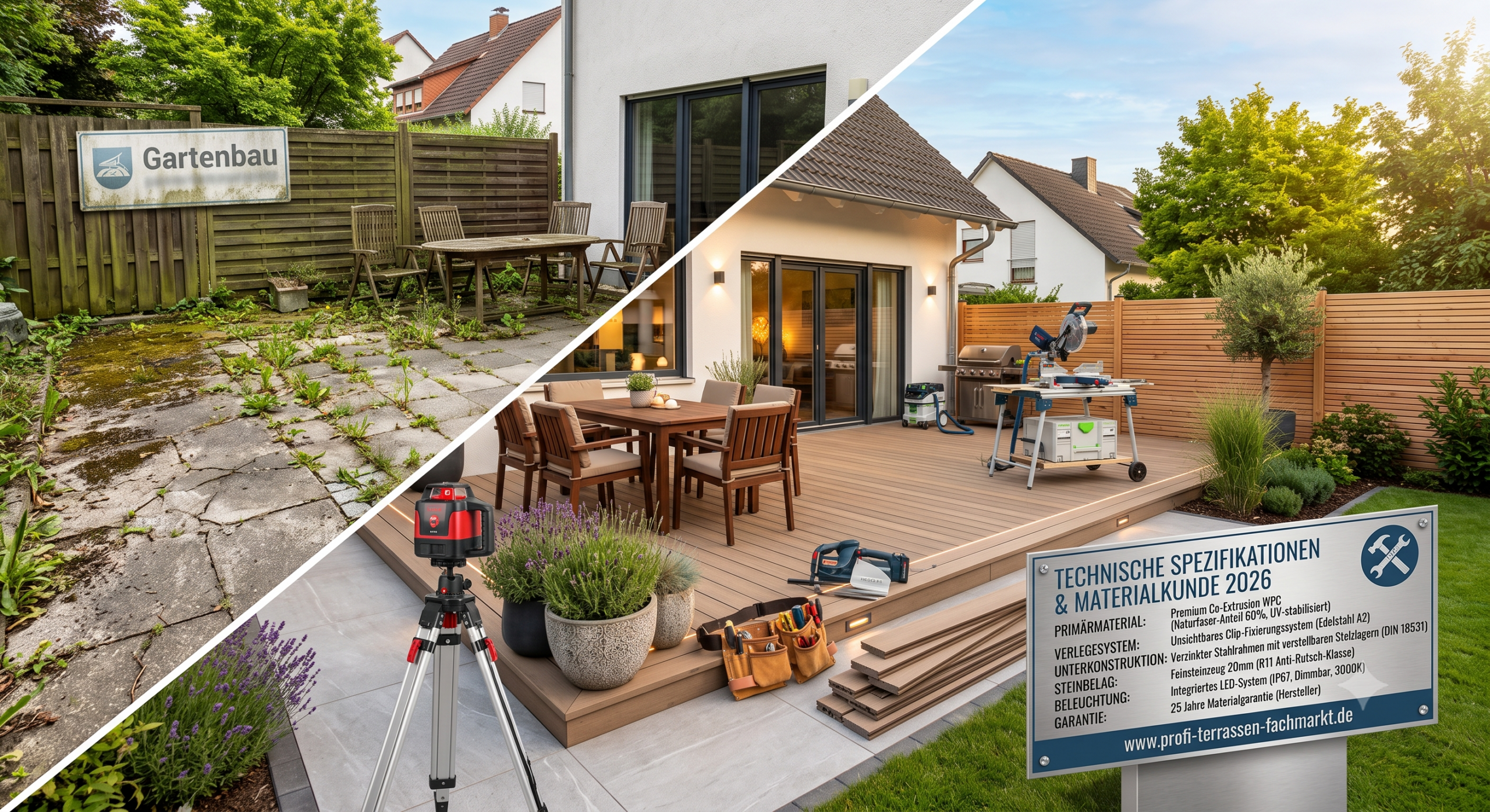 Gegenüberstellung einer sanierungsbedürftigen Betonplattenterrasse und einer modernisierten WPC-Terrasse mit Feinsteinzeug-Akzenten. Das Bild betont die handwerkliche Ausführung durch die Darstellung von Profi-Equipment wie einem Baulaser und einer Kappsäge direkt auf der Baustelle. Eine integrierte Tafel listet technische Materialspezifikationen für das Jahr 2026 auf, Terrassenbau Werbung,